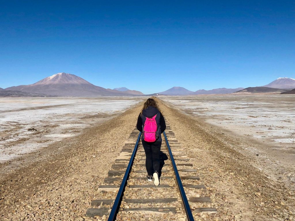 train tracks on bolivia salt flats tour